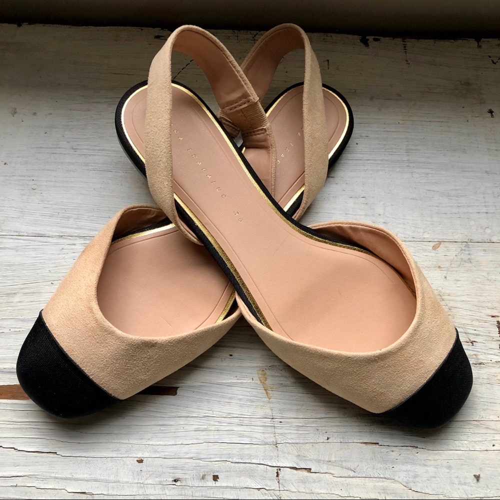 Zara Trafaluc Tan Slingback Flats w/ Black Toecap